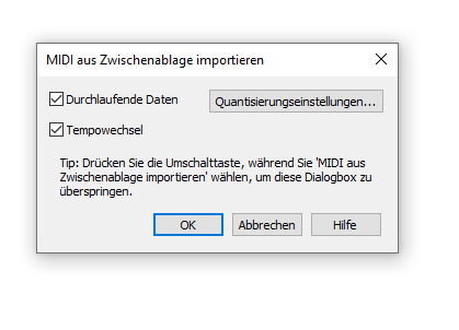 Dialogbox MIDI-Daten aus Zwischenablage importieren